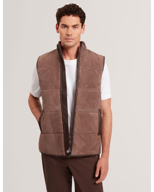 Ted Baker Brown Orsyns Goat Suede Zip-Up Puffer Gilet for men
