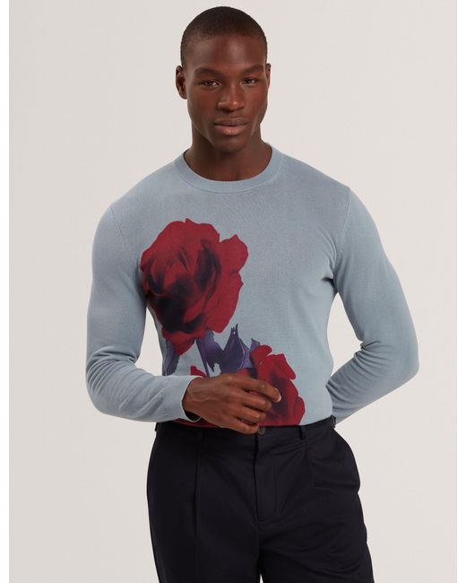 Ted Baker Blue Thalio Rose Graphic Fine Knit Crew Neck Jumper for men