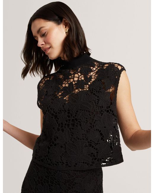 Ted Baker Black Aenabet Crochet Lace High Neck Crop Top