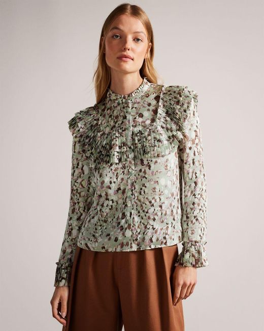 Ted Baker Blouse With Ruffle Bib Detail in Brown | Lyst