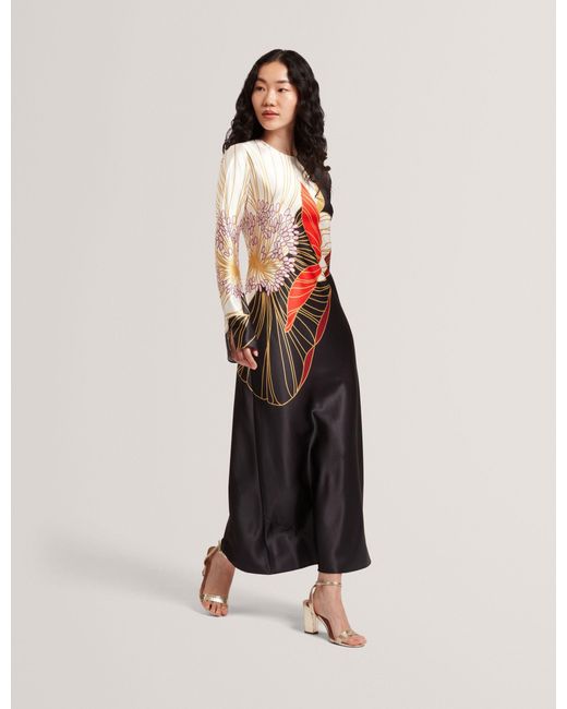 Ted Baker White Ziara Floral Graphic Long Sleeve Satin Midi Dress