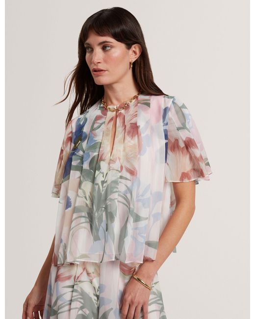 Ted Baker Brown Nansii Floral Pleated Angel Short Sleeve Top