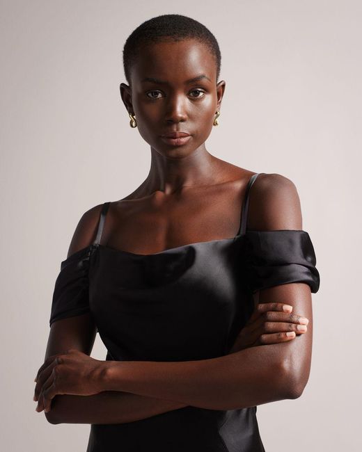 Ted Baker Cold Shoulder Cowl Front Midi Slip Dress in Black | Lyst Canada