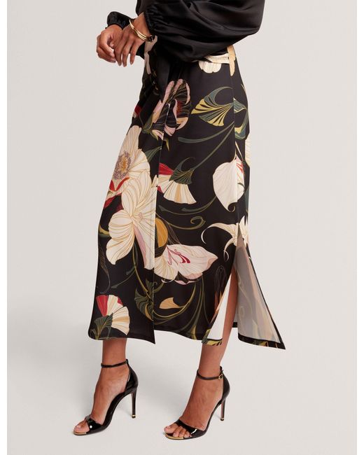 Ted Baker Black Kaytia Floral Print Wrapover Midi Skirt