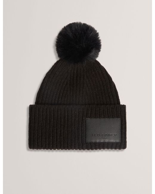 Ted Baker Black Sershii Rib Knit Branded Bobble Hat