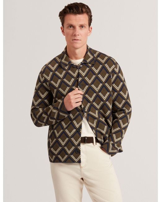 Ted Baker Brown Dicapri Diamond Print Knitted Cardigan Jacket for men