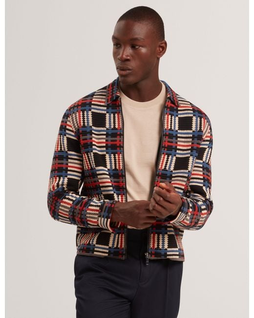 Ted Baker Natural Henrein Pure Cotton Patchwork Knit Zip Jacket for men