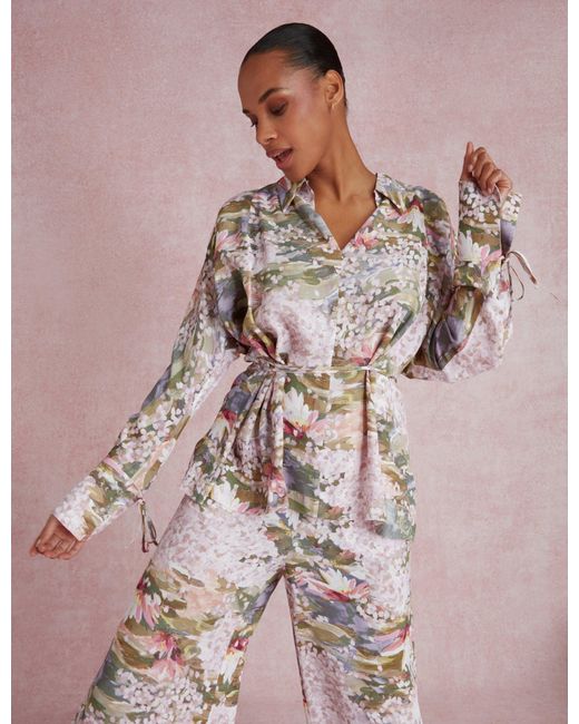 Ted Baker Pink Wiinni Lilypad Print Tie Detail Long Sleeve Blouse