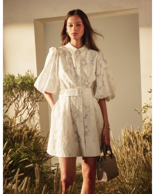 Ted Baker White Antya Burnout Floral Puff Sleeve Mini Shirt Dress
