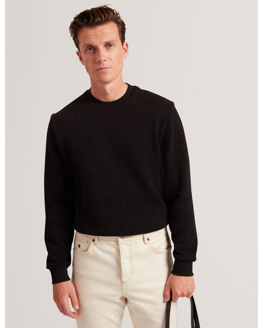 Ted Baker Black Elates Herringbone Texture Crew Neck Sweatshirt for men