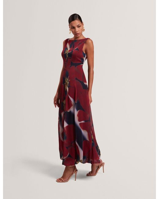 Ted Baker Red Laynia Blooms Bubble Hem Midaxi Dress