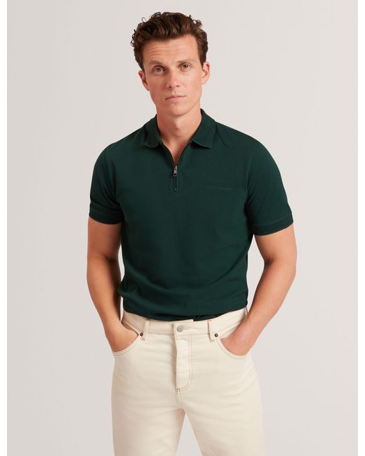 Ted Baker Green Cyrile Honeycomb Trim Zip Neck Polo Shirt for men