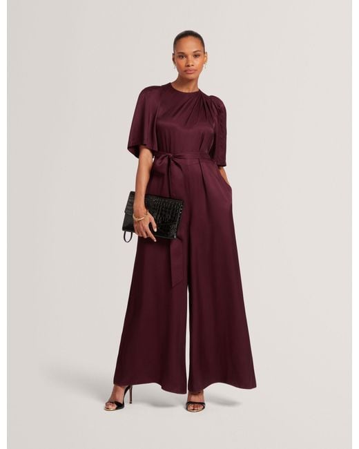 Ted Baker Red Taupa Satin Flutter Sleeve Wide Leg Jumpsuit