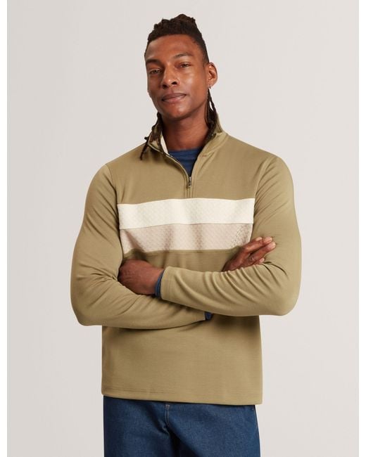 Ted Baker Natural Viktoro Stripe Panel Zip Neck Sweatshirt for men