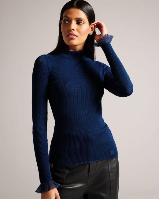Ted Baker Frill Neck Fitted Jumper in Blue | Lyst