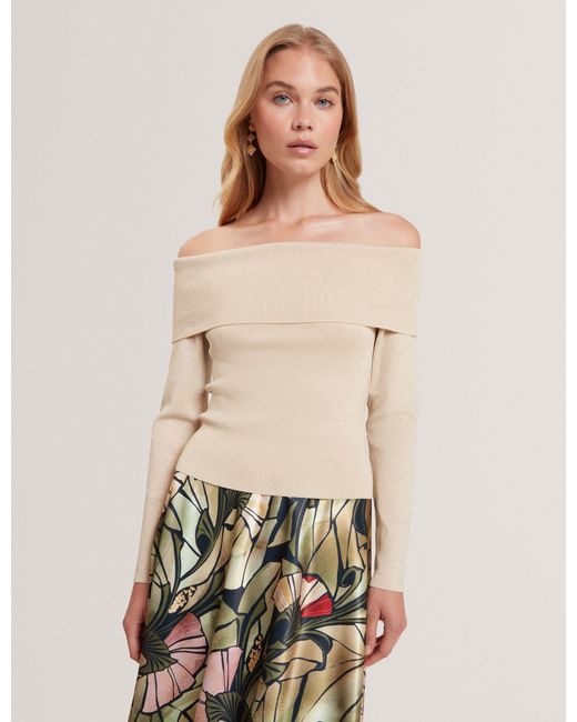 Ted Baker Natural Laycii Metallic Knit Off-The-Shoulder Top