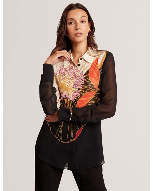 Ted Baker Black Nekeata Nouveau Floral Semi-Sheer Longline Shirt