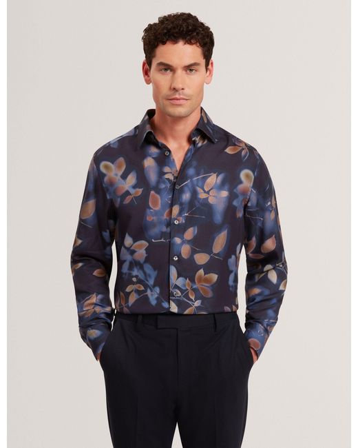 Ted Baker Blue Kalmill Photograhic Leaf Print Regular Fit Shirt for men