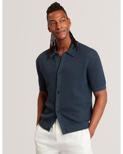 Ted Baker Blue Domati Diamond Crochet Knit Short Sleeve Shirt for men