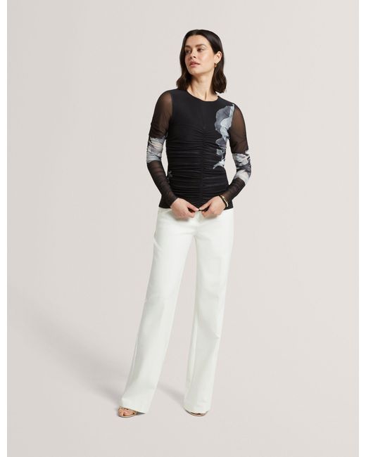 Ted Baker White Ikena Dark Floral Ruched Mesh Long Sleeve Top