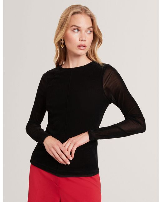 Ted Baker Black Sancie Velvet Mesh Fitted Long Sleeve Top