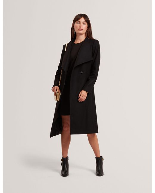 Ted Baker Black Rose Mid Length Belted Wool Wrap Coat