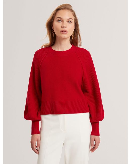 Ted Baker Red Vicckii Merino Wool Knit Balloon Sleeve Jumper