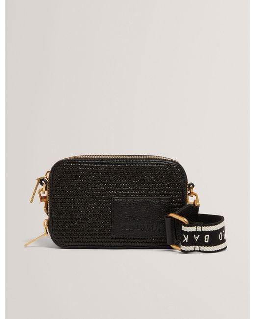 Ted Baker Black Bariaa Leather Crossbody Camera Bag With Raffia