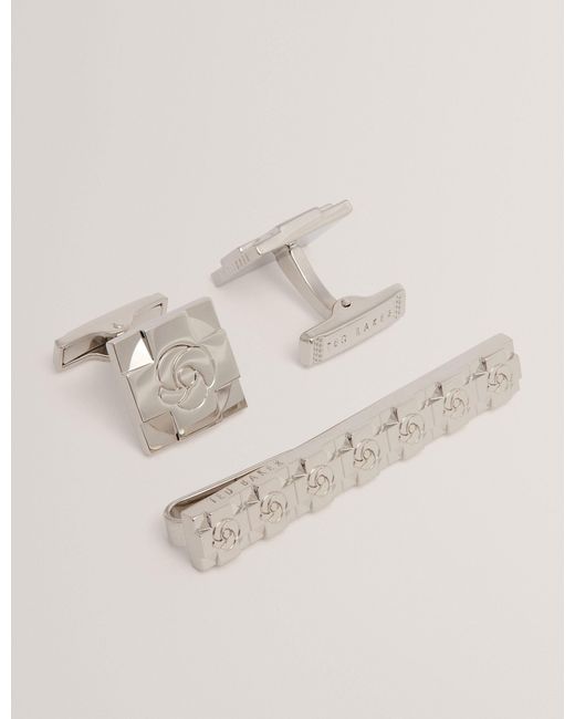 Ted Baker Natural Rosemel Engraved Rose Cufflinks & Tie Bar Set for men