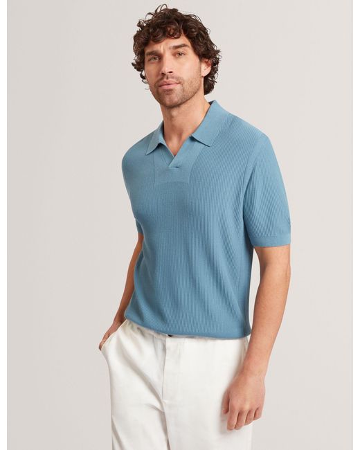 Ted Baker Blue Aindrea Stitched Rib Open Neck Polo Shirt for men