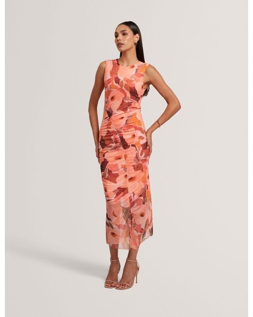 Ted Baker Red Elyra Garden Print Sleeveless Mesh Bodycon Dress