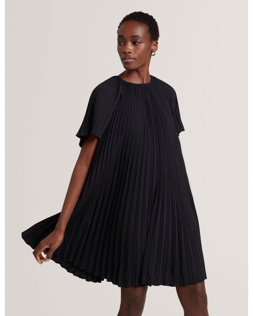 Ted Baker Black Convala Pleated Short Sleeve A-Line Mini Dress