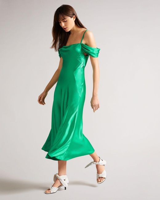 Ted Baker Cold Shoulder Cowl Front Midi Slip Dress in MidGreen (Green