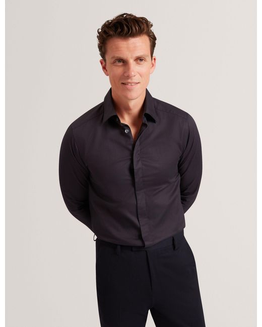 Ted Baker Blue Tibor Covered Placket Long Sleeve Cotton Shirt for men