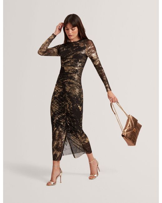 Ted Baker Natural Foil Print Mesh Bodycon Midi Dress