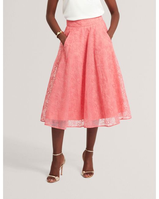 Ted Baker Pink Krizie Embroidered Organza Full Midi Skirt
