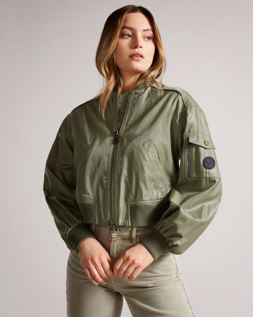 Ted Baker Cotton Cropped Bomber Jacket In Shimmer Fabric in Khaki ...