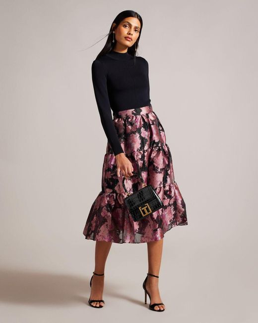 Ted Baker Knit Bodice Dress With Tiered Midi Skirt in Black | Lyst