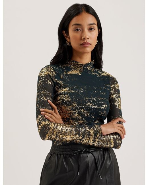 Ted Baker Black Foil Print Mesh Long Sleeve T-Shirt For & S