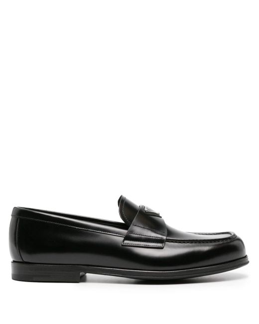 Prada Black Enamel-triangle Leather Loafers for men