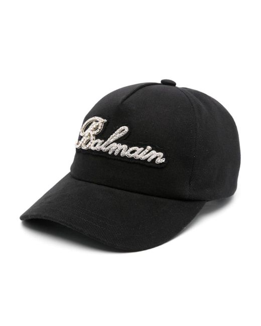 Balmain Black Rhinestone-logo Appliqué Cap for men