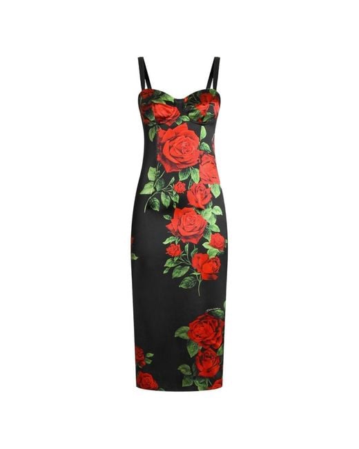 Dolce & Gabbana Red Roses Print Silk Midi Dress