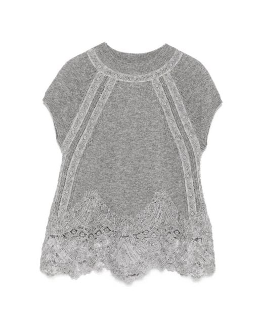 Ermanno Scervino Gray Cashmere Lace Top