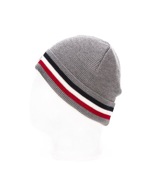 Moncler Striped Wool Beanie Hat in Grey 