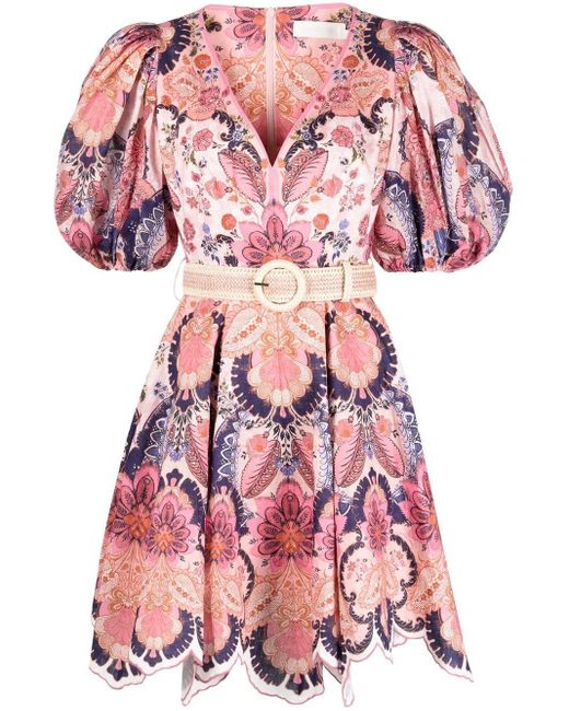 Zimmermann Printed Linen Short Dress in Pink | Lyst