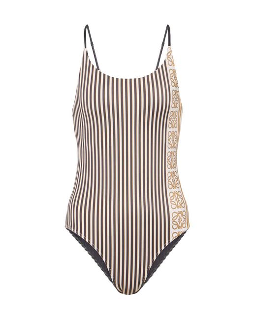 Loewe-Paulas Ibiza Brown Logo Striped One-piece Swimsuit