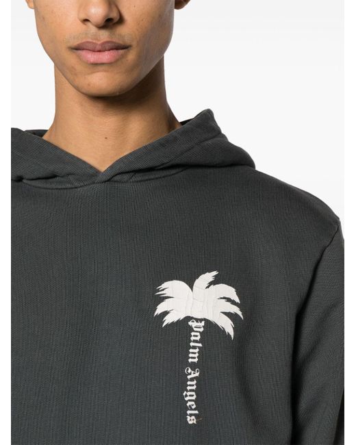 Palm Angels Gray Logo-Print Cotton Hoodie for men