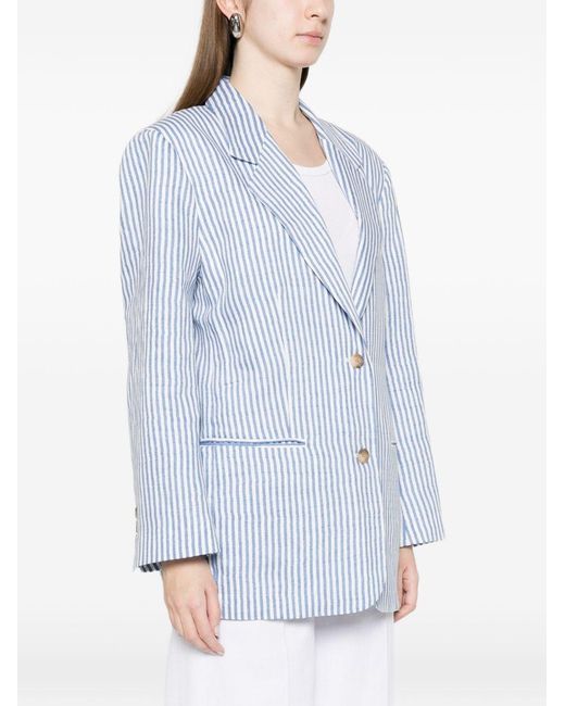 White Sand Blue Linen Blend Single-Breasted Jacket