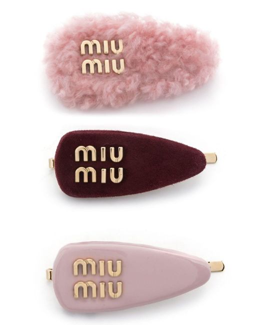 Miu Miu Logo-Plaque Hair Clips (Set Of Three) in Pink | Lyst UK