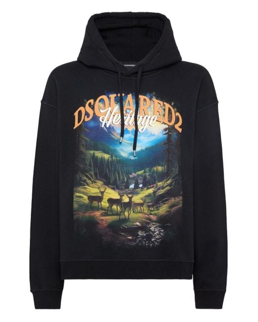 DSquared² Black Illustration-Style Print Hoodie With Relaxed Fit for men
